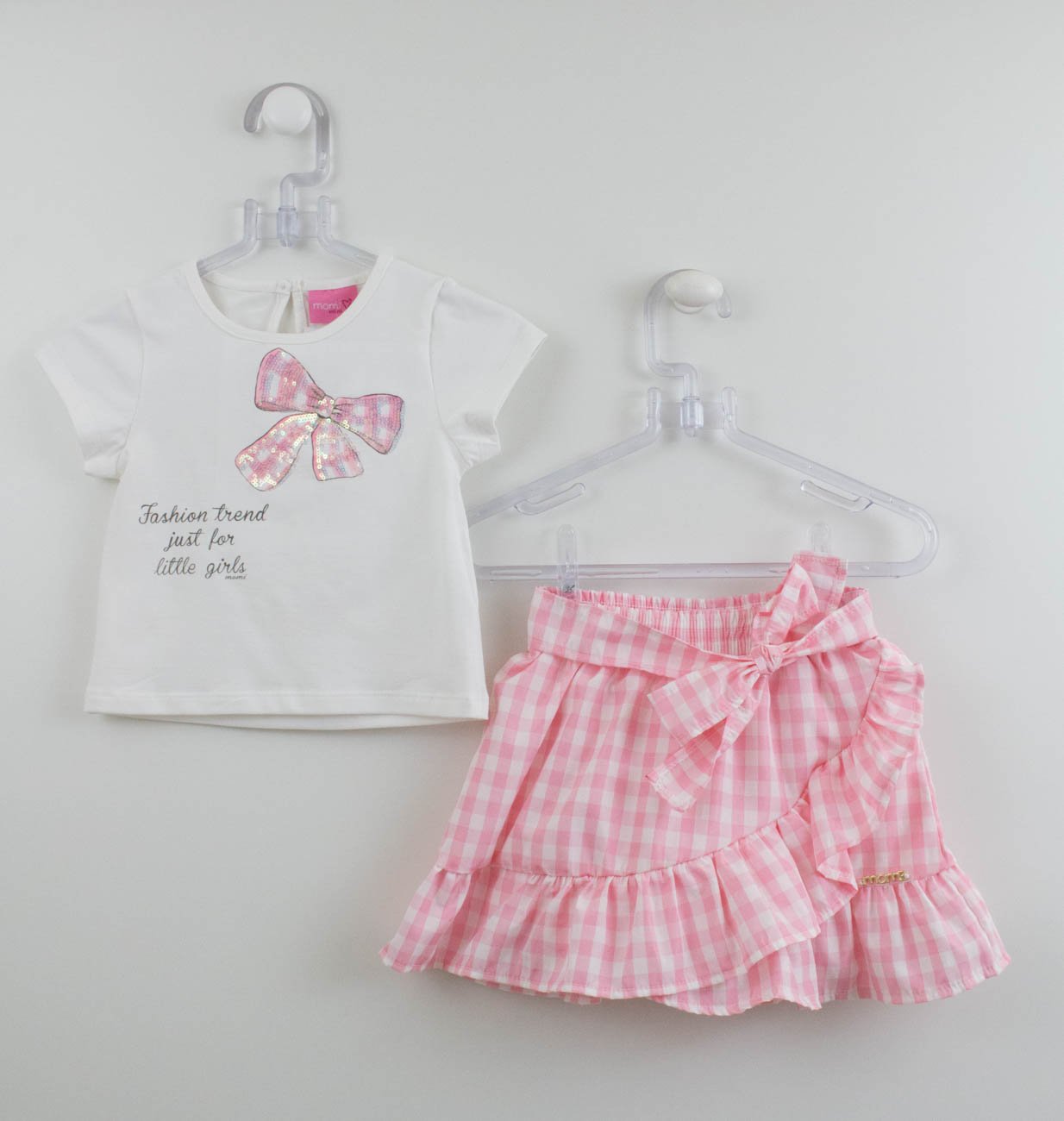 Conjunto Momi Blusa Laço e Saia Short Xadrez Rosa - Xuá Kids