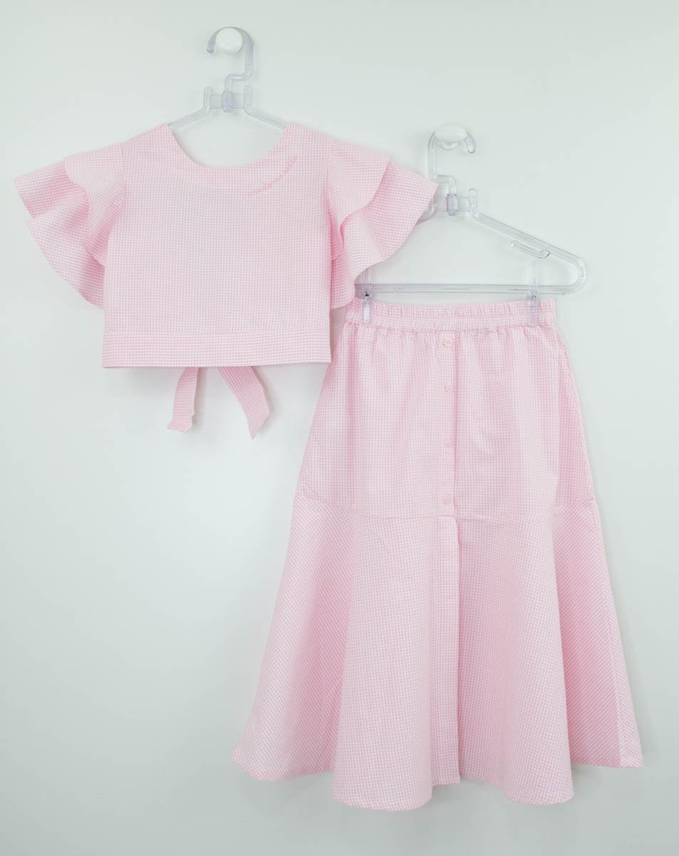 Conjunto Verão Feminino Xadrez Rosa Rosa Claro