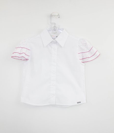 Camisa Infantil Branca Mangas Cristais Rosa Um Mais Um