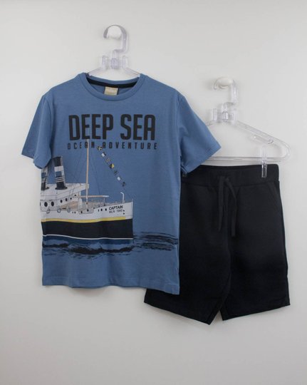 Conjunto Bermuda Moletom e Camiseta Navio Azul Milon