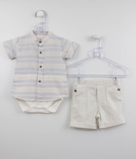 Conjunto Menino Bebê Noruega Body Camisa e Bermuda Linho