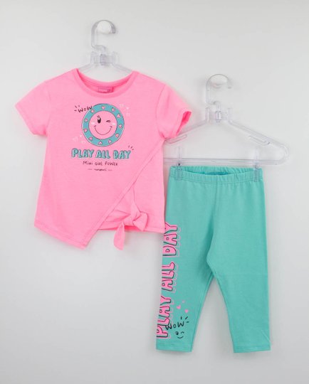 Conjunto Momi Mini Blusa Play Neon Rosa e Legging Verde