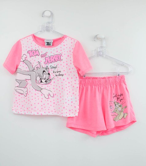 Conjunto Pijama Tom e Jerry Blusa e Short Malha Neon Pink