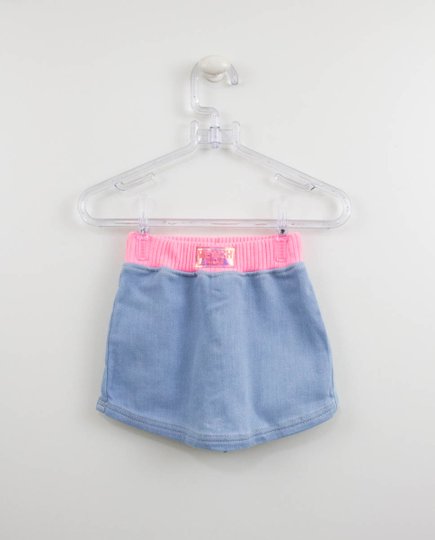 Shorts Saia Jeans Claro Cós Neon Rosa Momi Mini