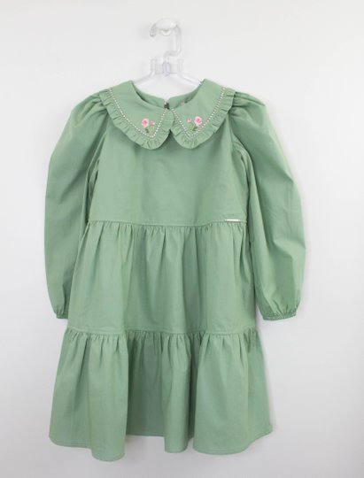 Vestido Infantil Tricoline Verde Bordado Gola Pituchinhus